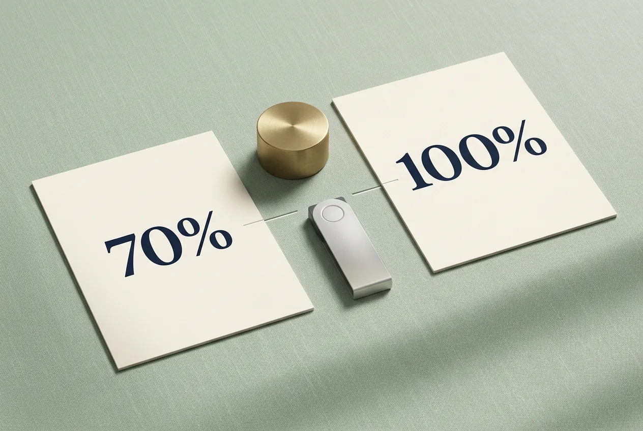 Минималистичные карточки с долями 70% и 100% на льняной ткани рядом с ключом безопасности.