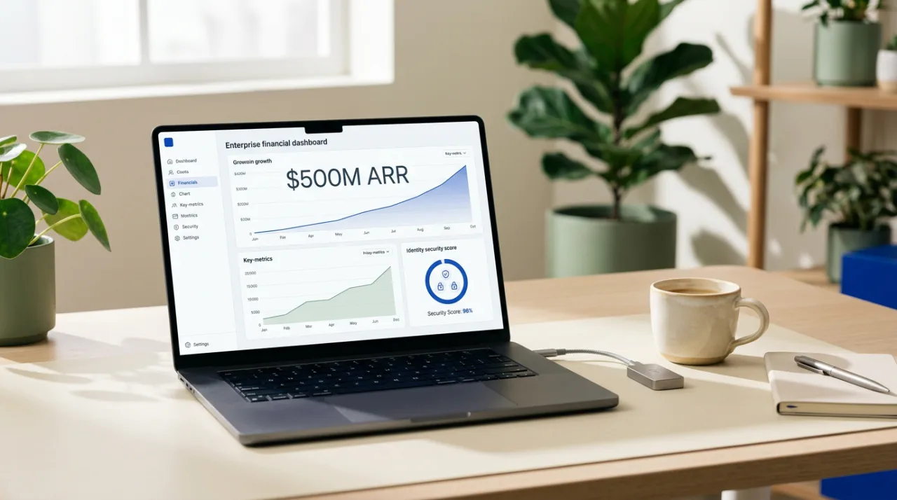Ноутбук на столе с показателем выручки $500M ARR для сервиса безопасности 1Password
