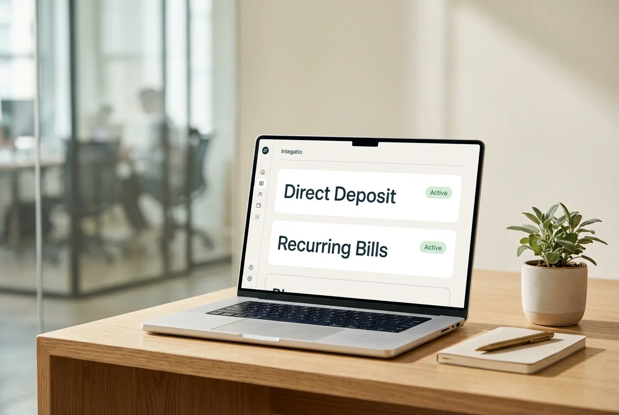 Интерфейс финтех-платформы Atomic для переноса регулярных платежей на экране ноутбука