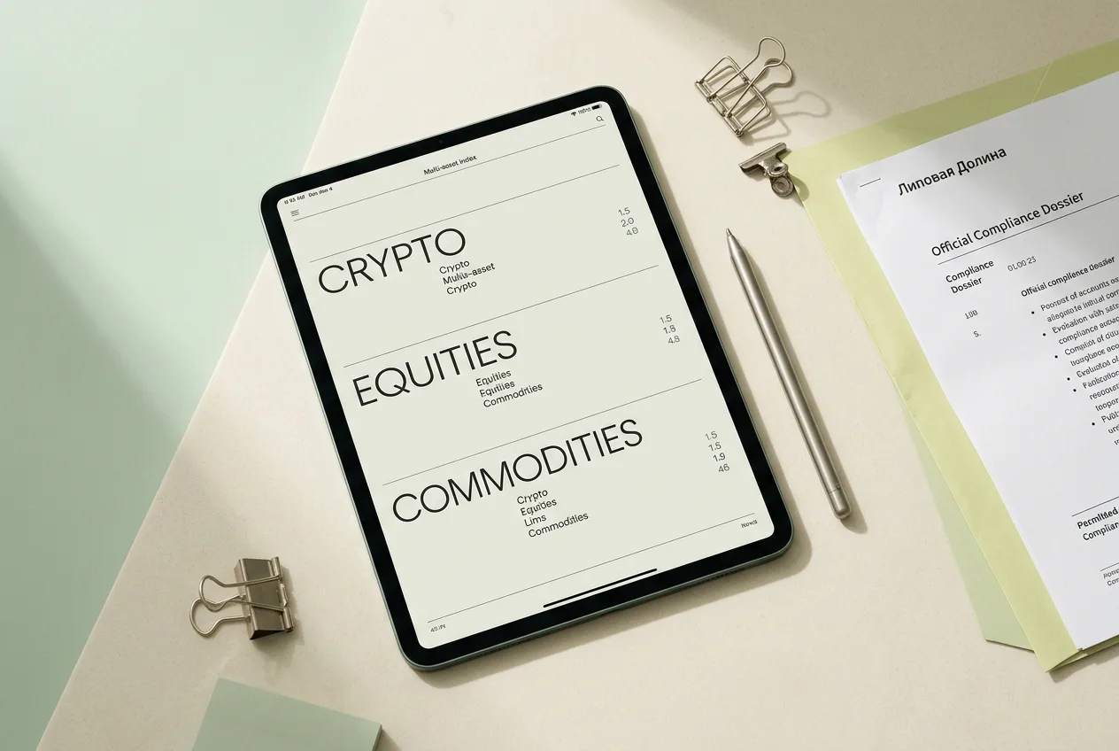 Планшет с категориями контрактов perpetual futures на сырье, акции и криптовалюты
