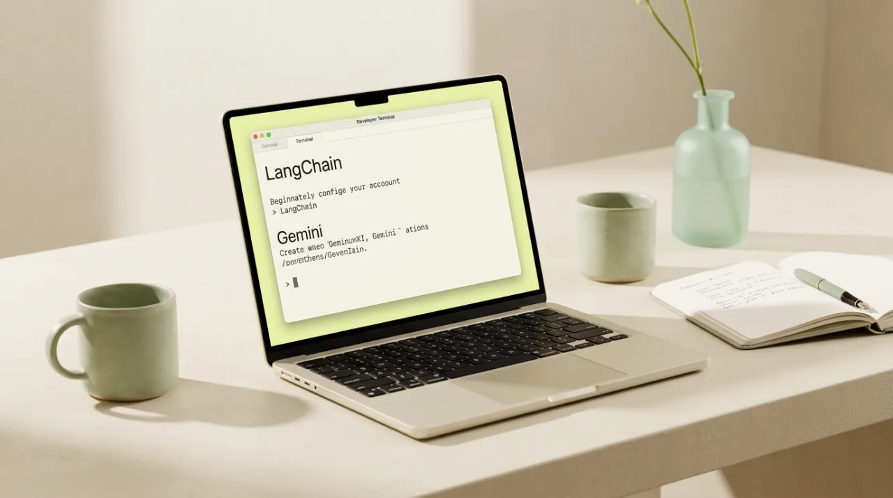 Ноутбук в минималистичном интерьере с экраном интеграции LangChain и Google Gemini для Fetch.ai.