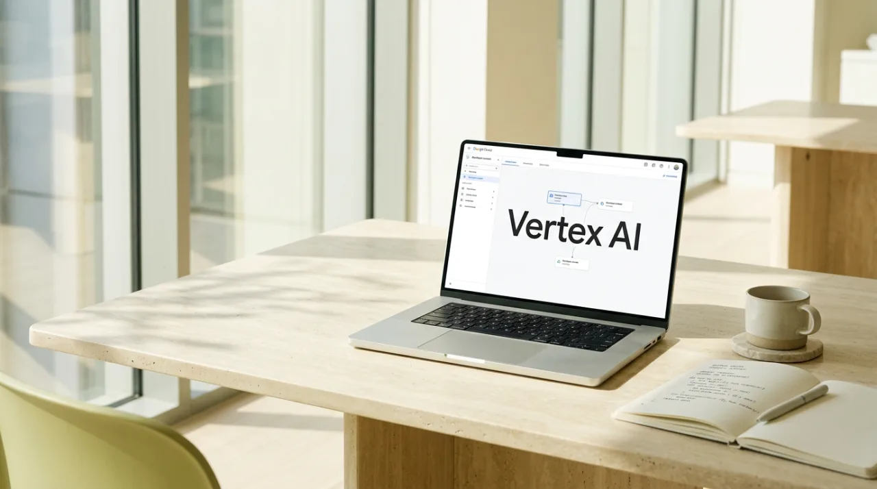 Ноутбук с интерфейсом Vertex AI Agent Builder от Google Cloud на минималистичном рабочем столе