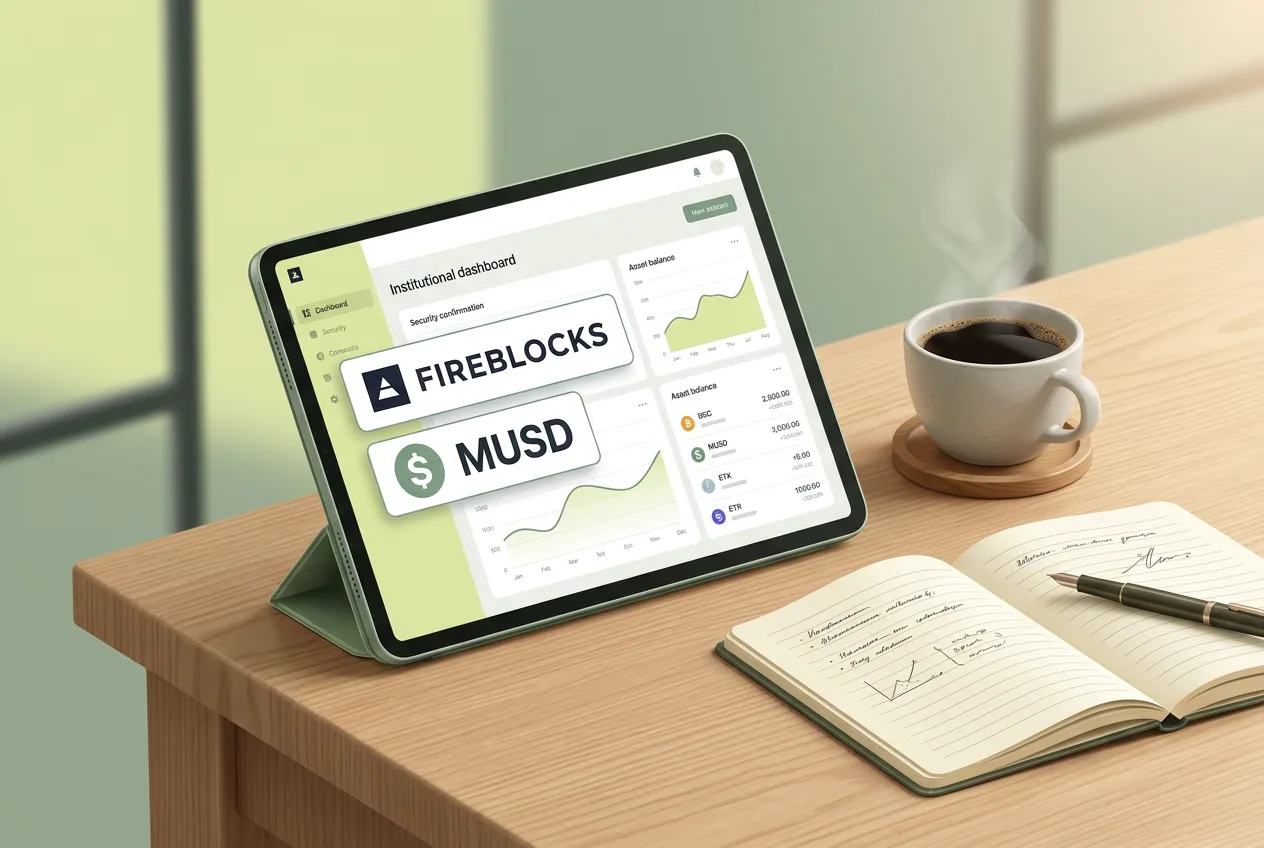 Планшет с интерфейсом институционального хранения стейблкоина MUSD на рабочем столе.