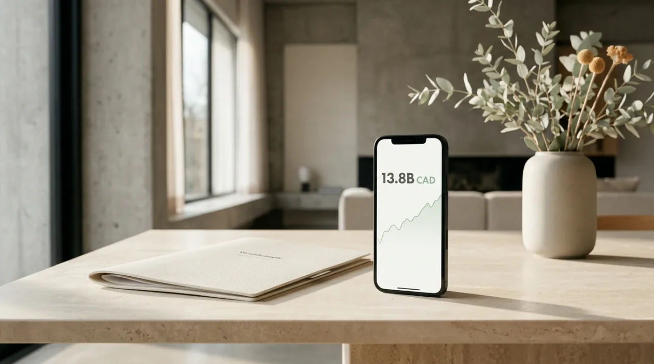 Смартфон с оценкой Wealthsimple на минималистичном светлом столе в мягком естественном свете