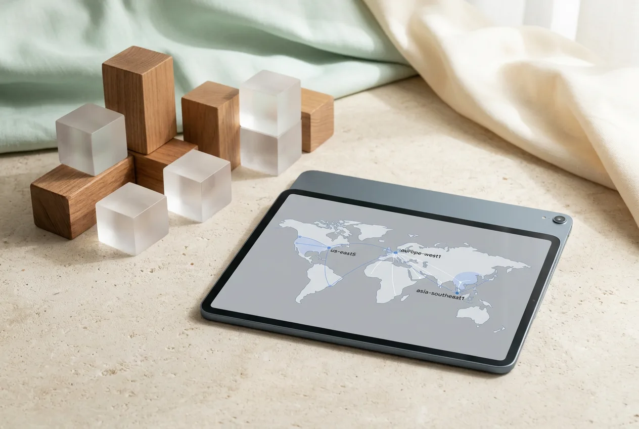 Карта серверных регионов Vertex AI us-east5, europe-west1 и asia-southeast1 на планшете