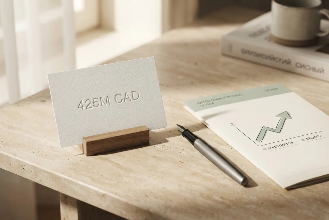 Карточка с суммой инвестиций 425 млн CAD для Wealthsimple на каменном столе