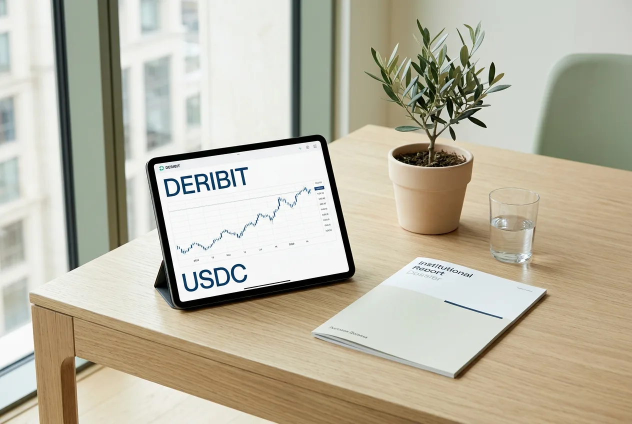 Планшет с графиком деривативов Deribit и USDC на рабочем столе институционального инвестора.