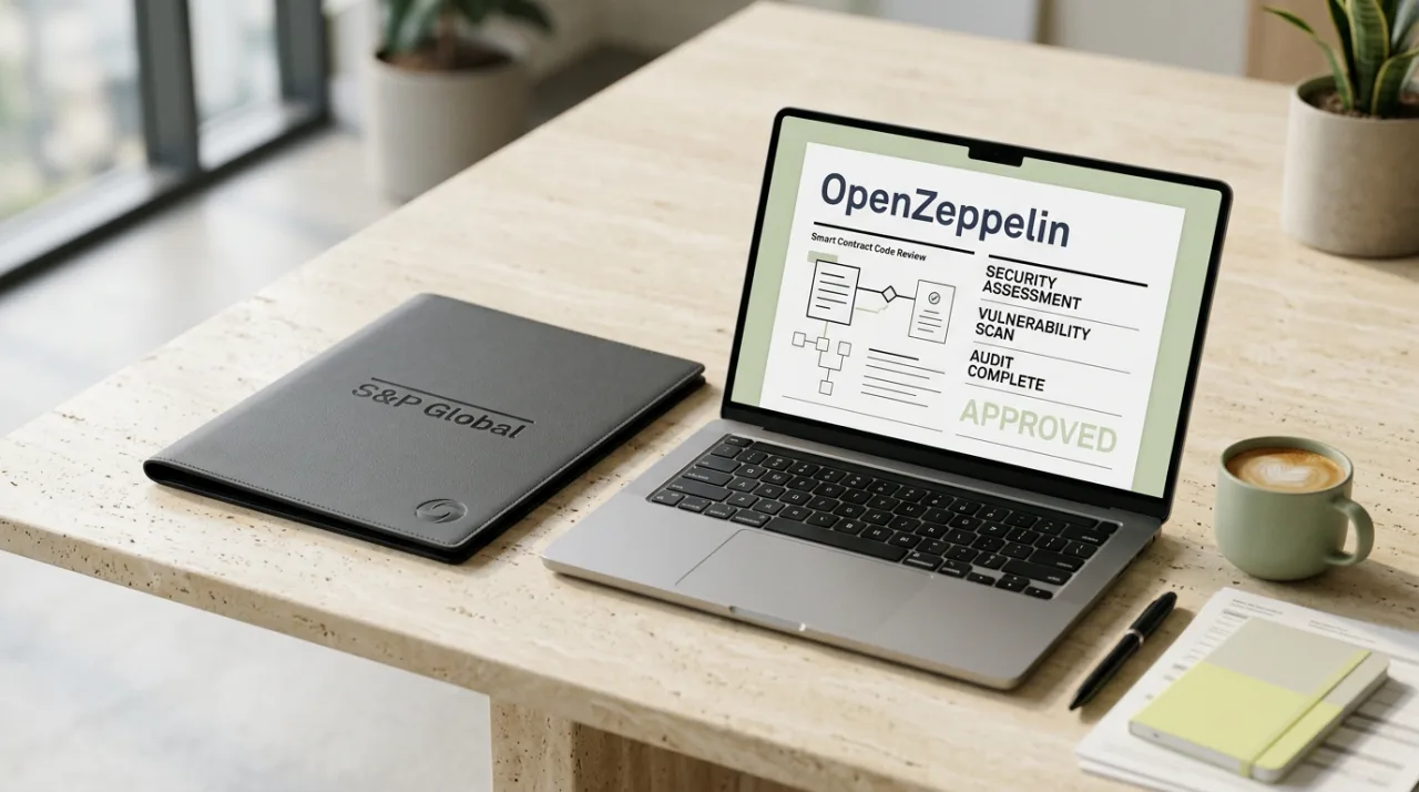 Минималистичный рабочий стол с документами S&P Global и аудитом OpenZeppelin на экране ноутбука