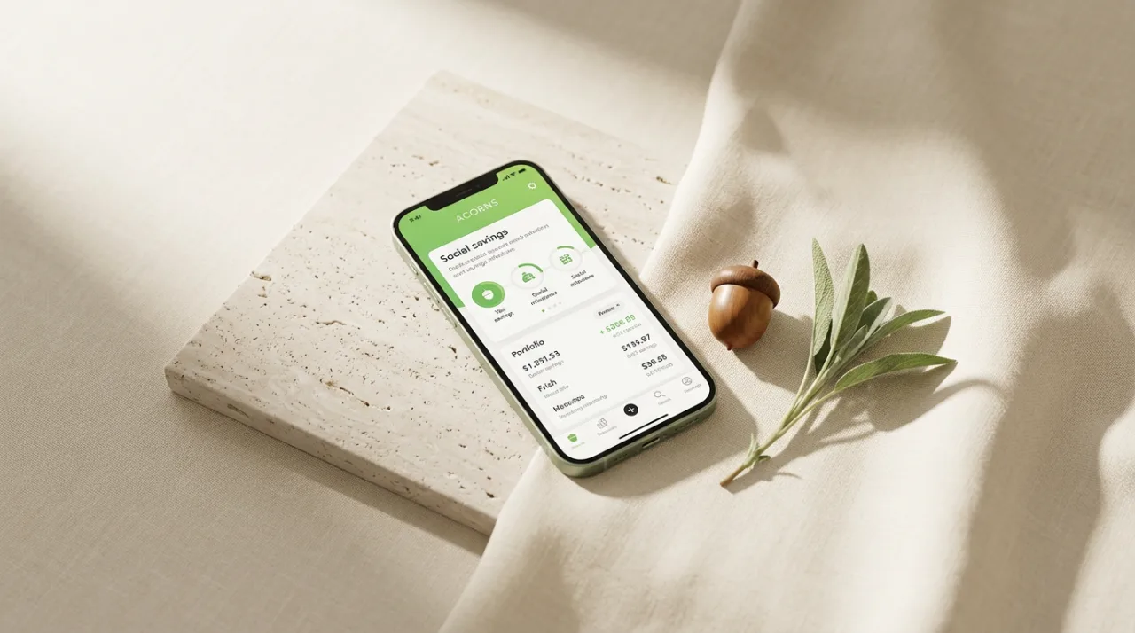 Смартфон с интерфейсом Acorns и Frich на светлой поверхности в стиле редакционного натюрморта