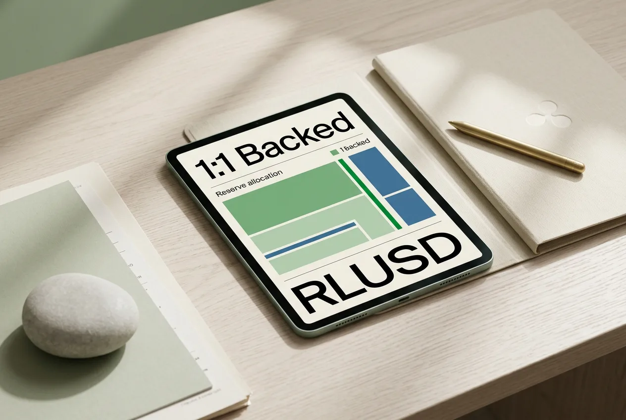 Планшет с отчетом о резервном обеспечении стейблкоина RLUSD в соотношении 1:1 на столе для переговоров