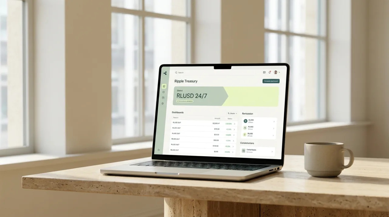 Ноутбук с интерфейсом платформы Ripple Treasury и доходностью стейблкоина RLUSD на рабочем столе казначея