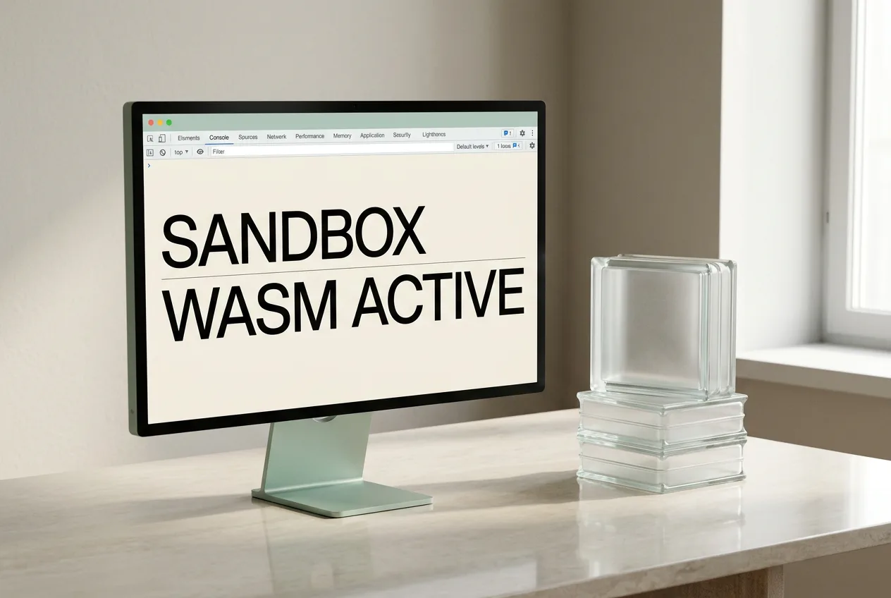 Монитор с консолью среды Akamai Agent Sandbox рядом с полупрозрачными стеклянными блоками