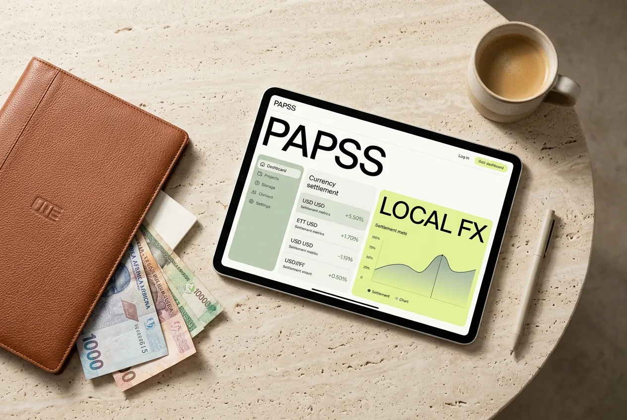 Планшет с интерфейсом расчетов в сети PAPSS в национальных валютах на рабочем столе.
