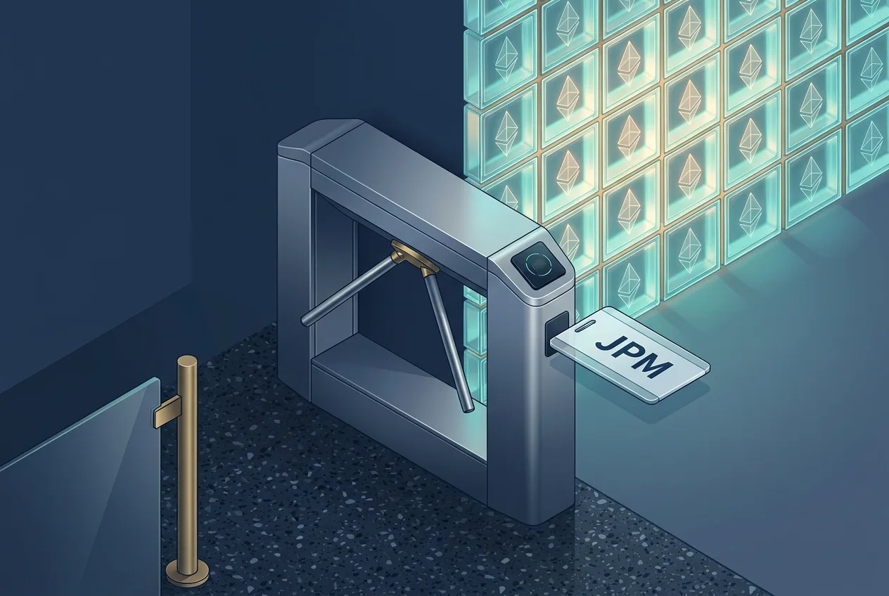 Символический закрытый турникет с пропуском JPM перед светящейся сетью Ethereum
