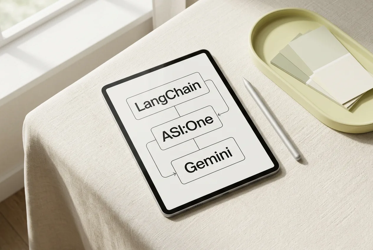 Планшет со схемой подключения агентов LangChain к оркестратору ASI:One и Gemini.