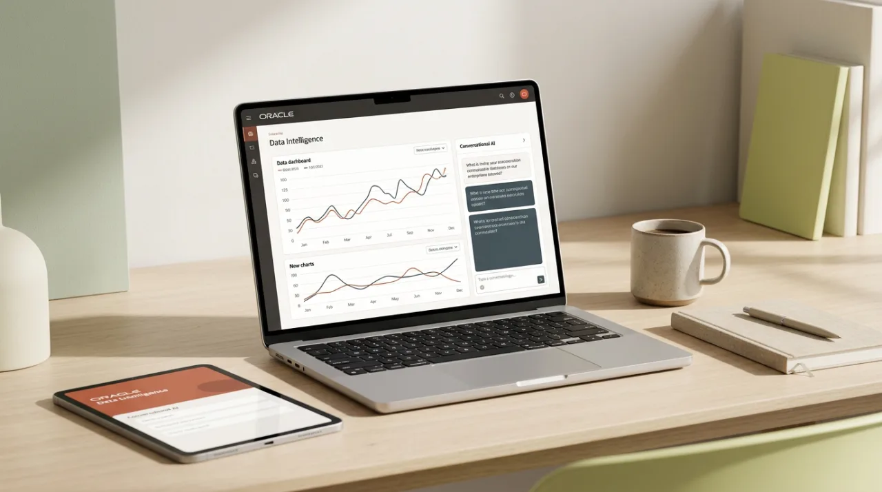 Рабочее место с дашбордом Oracle Fusion Data Intelligence на экране ноутбука в мягком дневном свете.