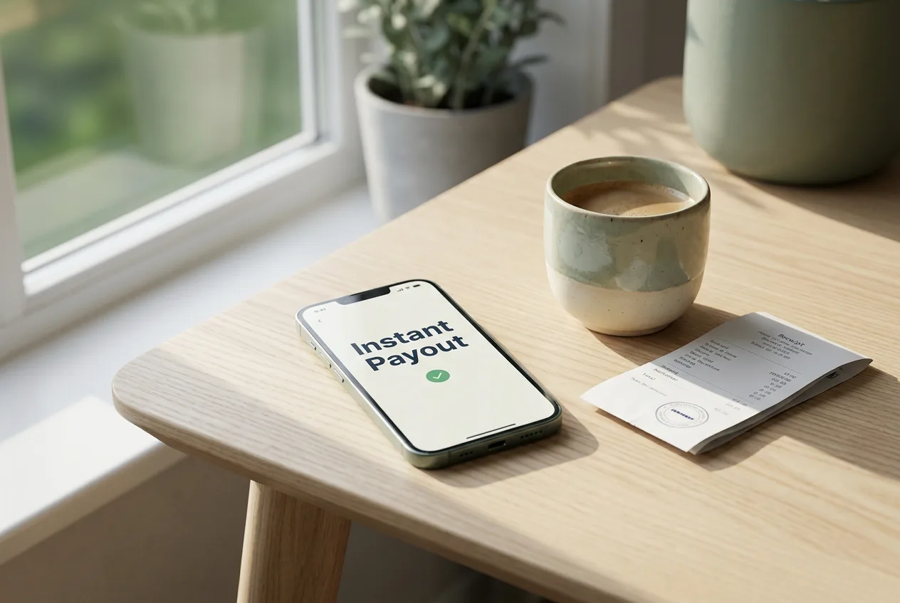 Смартфон с уведомлением Instant Payout и чашка на деревянном столе в мягком свете.