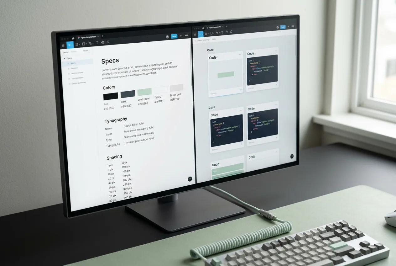 Экран с интерфейсом Figma Specs и документацией дизайн-системы для разработчиков.