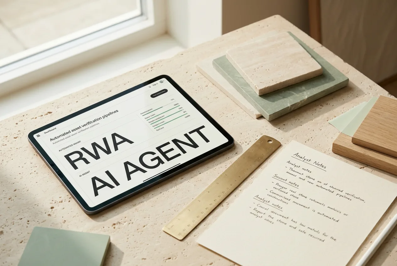 Планшет с интерфейсом токенизации RWA и аналитические материалы на светлом каменном столе