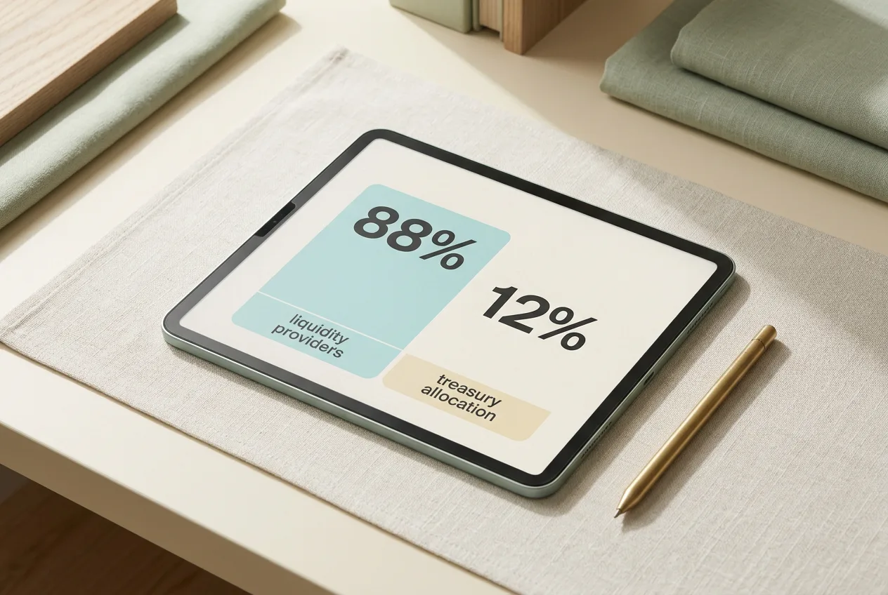 Планшет с инфографикой распределения комиссий PancakeSwap: 88% провайдерам и 12% казначейству